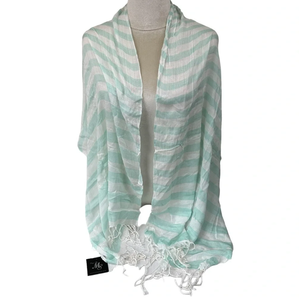 MS Accessories Aqua Blue and White Stripe Lightweight Scarf Wrap